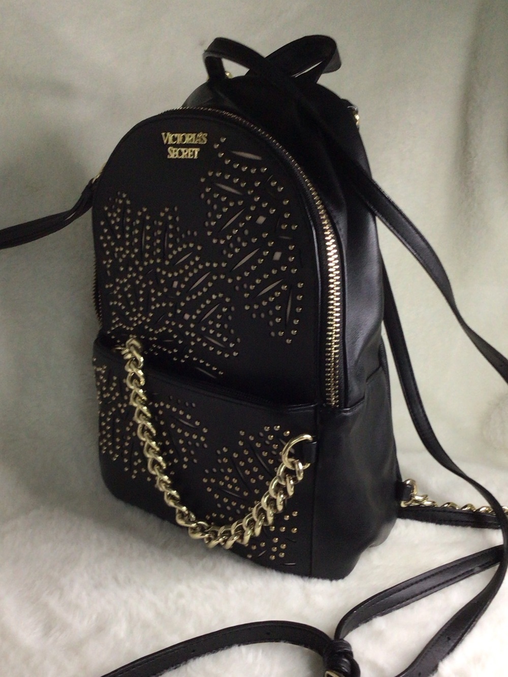Victoria's Secret Black Mini Backpack with Gold Studs & Chain